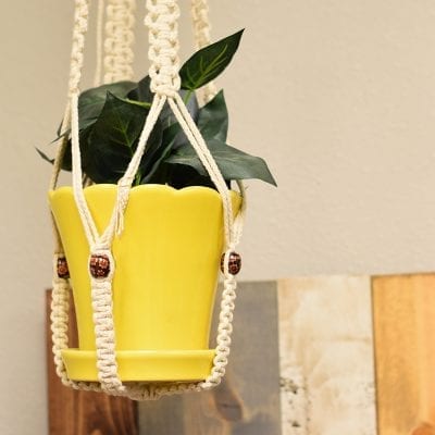 Photo of a plant in a yellow pot, hanging in a macrame holder