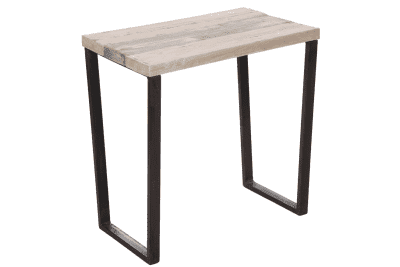 Photo of our Farmhouse Mix nightstand with distressed wood top and modern black metal legs