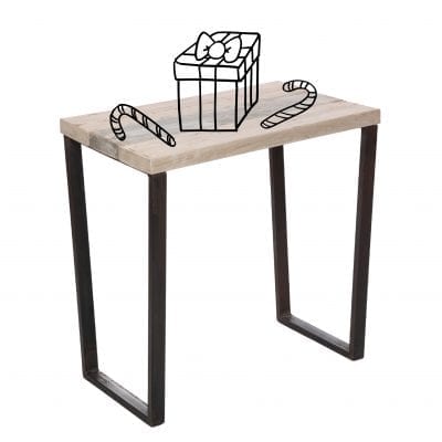 Image of a distressed wood side table with a present and candy canes