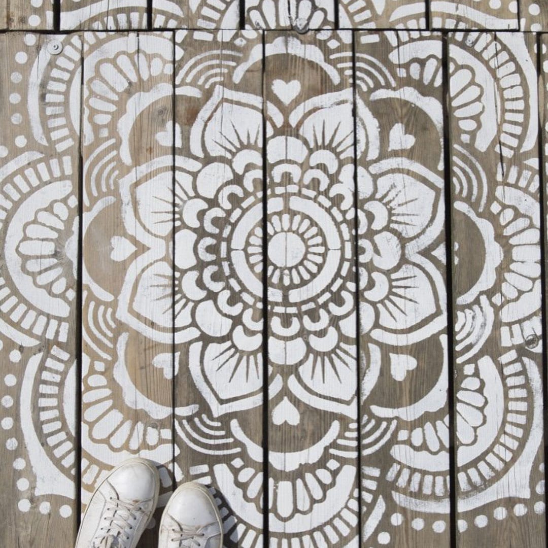 Mandala Stencil Painted onto Wood Planks